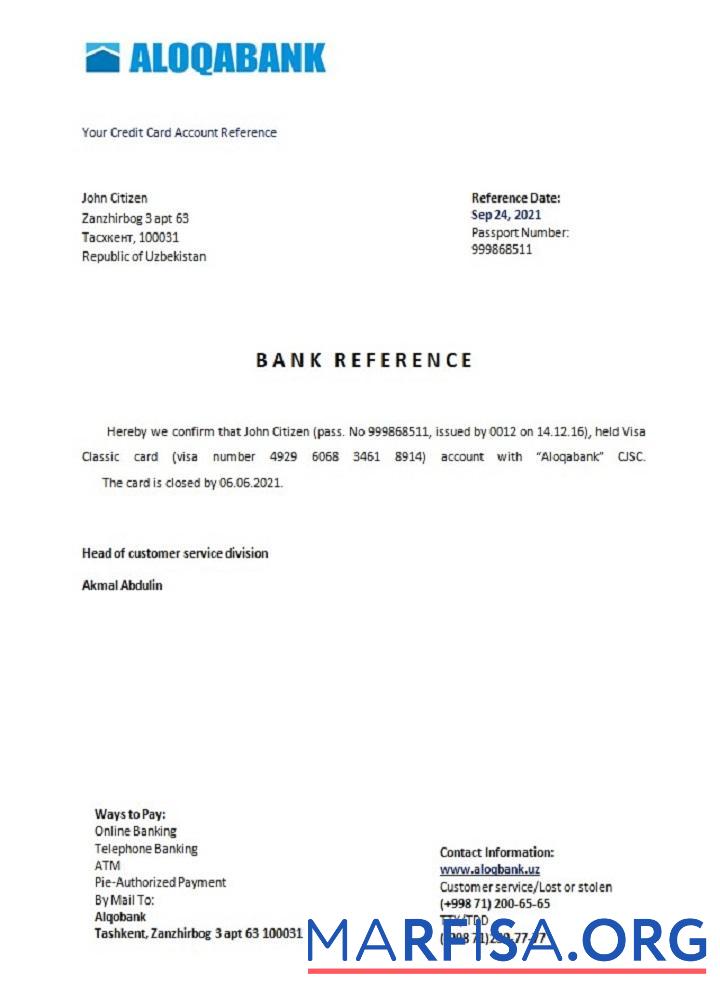 Realistic Uzbekistan Aloqabank closure reference example